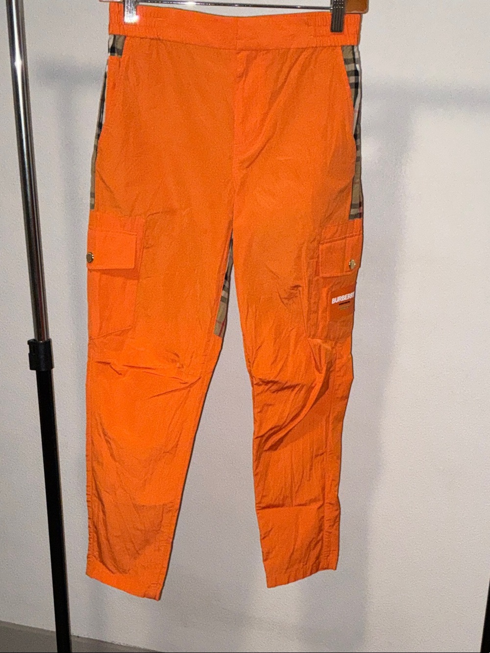 Burberry Orange Men's Cargo Pants with Check Trim